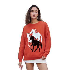 Shein Equestrian Sweater Horse Crew Neck Sweater M Orange